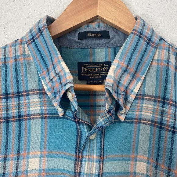 Men's Pendleton Button Down Short Sleeve Blue & Orange Plaid Shirt - Siz… - Picture 2 of 5